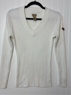 RuffHewn White Ribbed V-Neck Sweater Size L Cotton Minimalist Classic